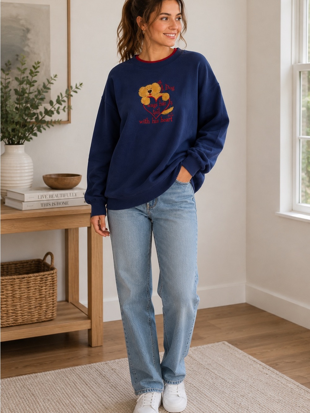 M&C Sportswear Sweatshirt Womens L Navy Crewneck Embroidered Dog Graphic